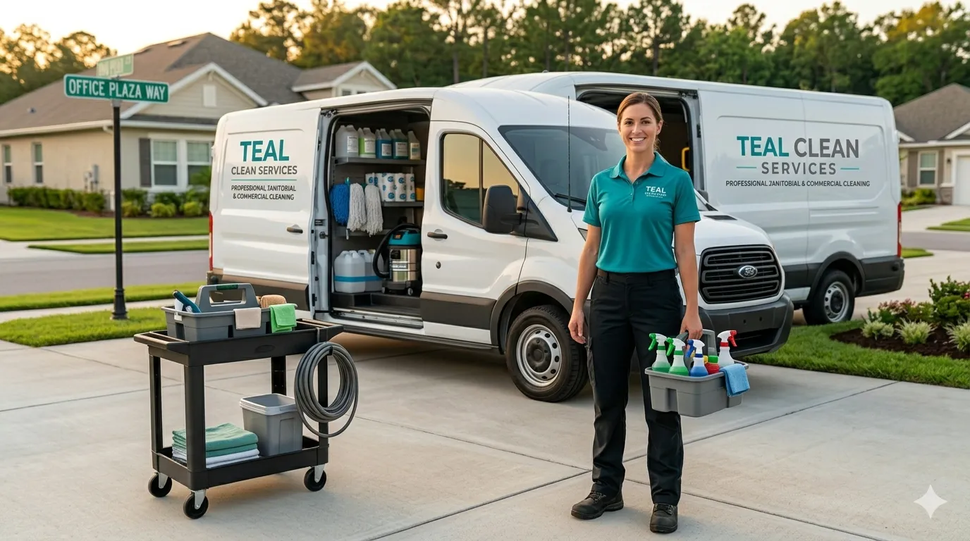 Cleaning professional with service van