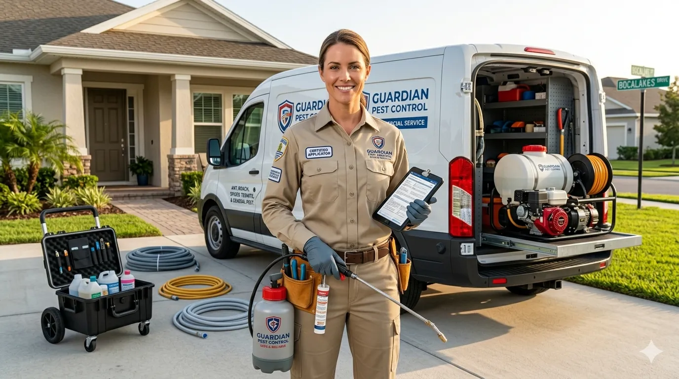 Pest control technician with service vehicle